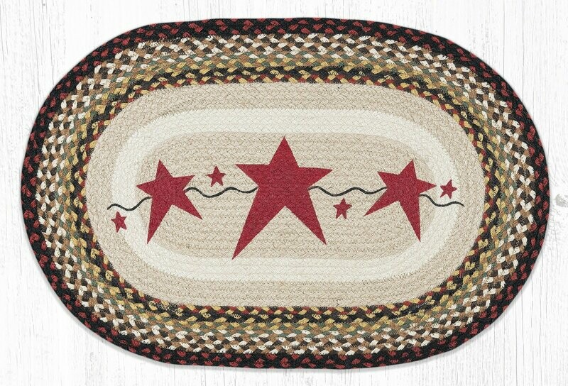 Primitive Burgundy Stars Oval Rug 20&quot; x 30&quot;, Earth Rugs, Farmhouse, Braided Jute