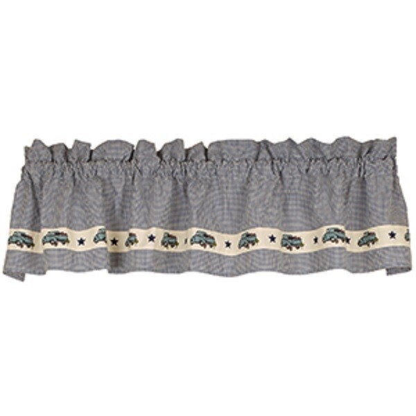 Blue Truck Stars Valance, Blue White Check Gingham, Country Primitive, 72&quot; x 14&quot;