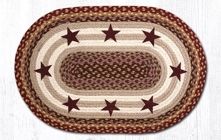 Burgundy Stars Oval Rug 20" x 30", Earth Rugs, Country Farmhouse Entryway, Braided Jute