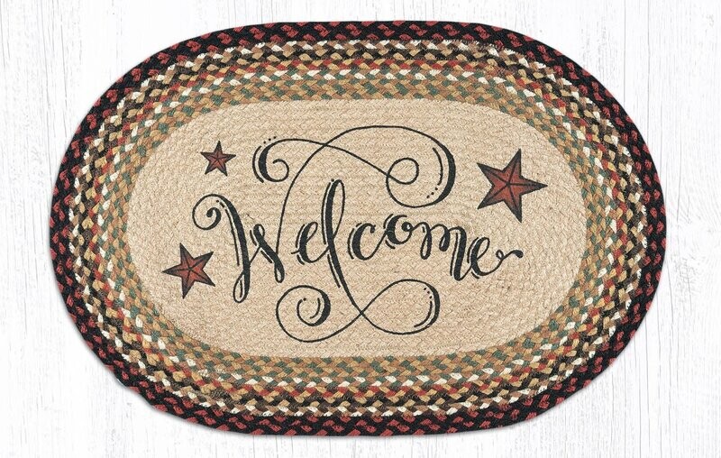 Welcome Barn Stars Rug 20&quot; x 30&quot;, Earth Rugs, Country Primitive Farmhouse, Braided Jute