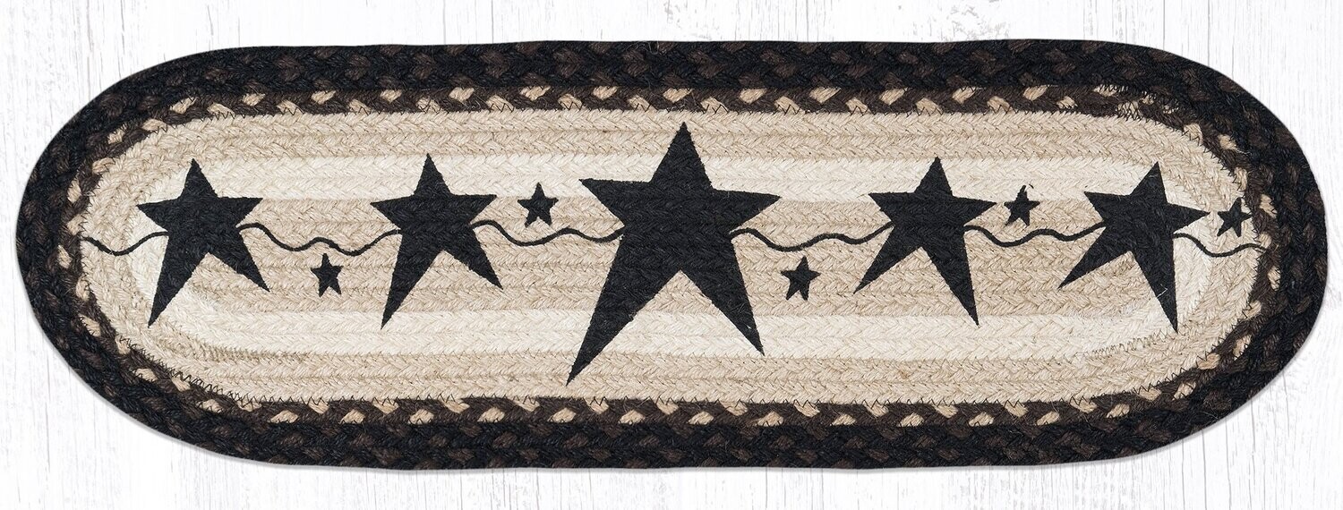 Primitive Star Black Small Table Runner or Stair Tread Earth Rugs, 27&quot;x8.25&quot;