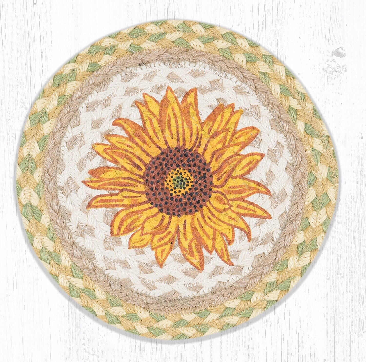 Sunflower 10&quot; Round Trivet Earth Rugs, Braided Jute, Spring Summer Fall