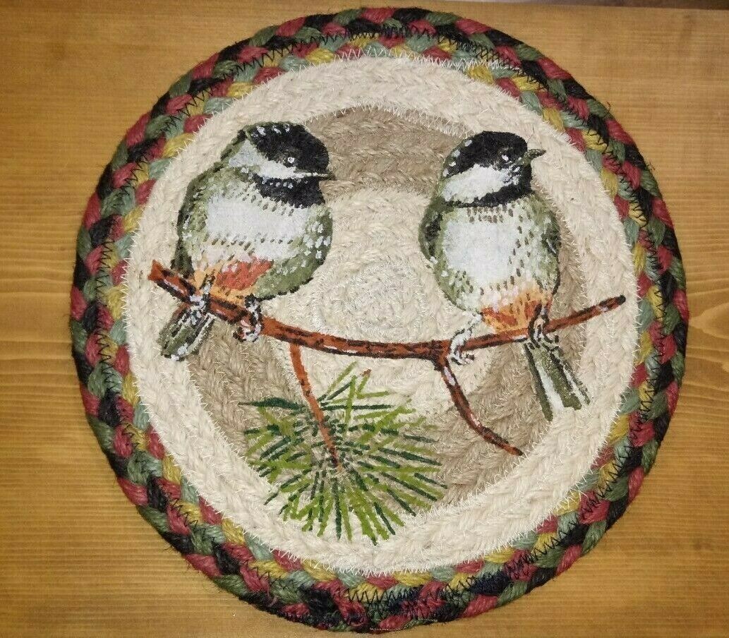 Chickadee Bird 10&quot; Round Trivet Earth Rugs, Braided Jute, Rustic Cabin