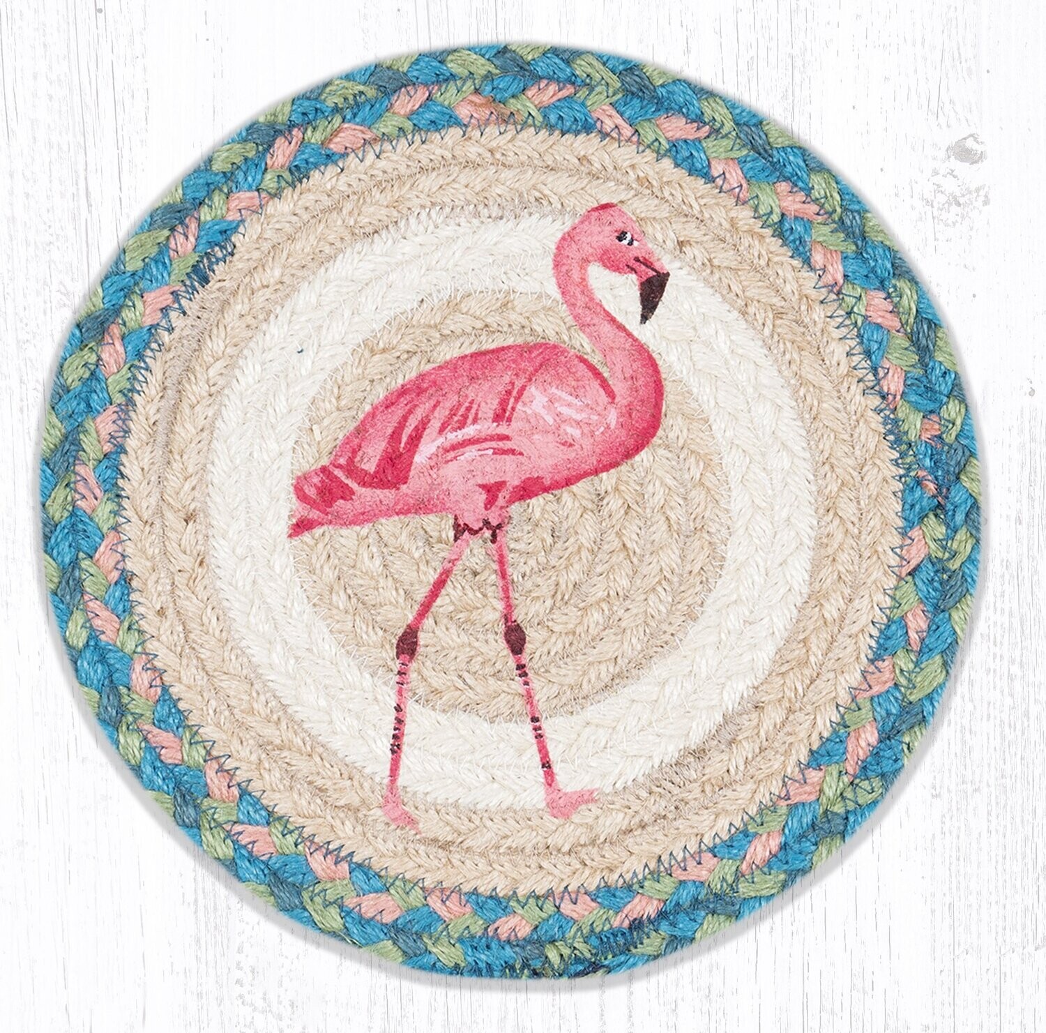 Pink Flamingo 10&quot; Round Trivet Earth Rugs, Braided Jute, Beach