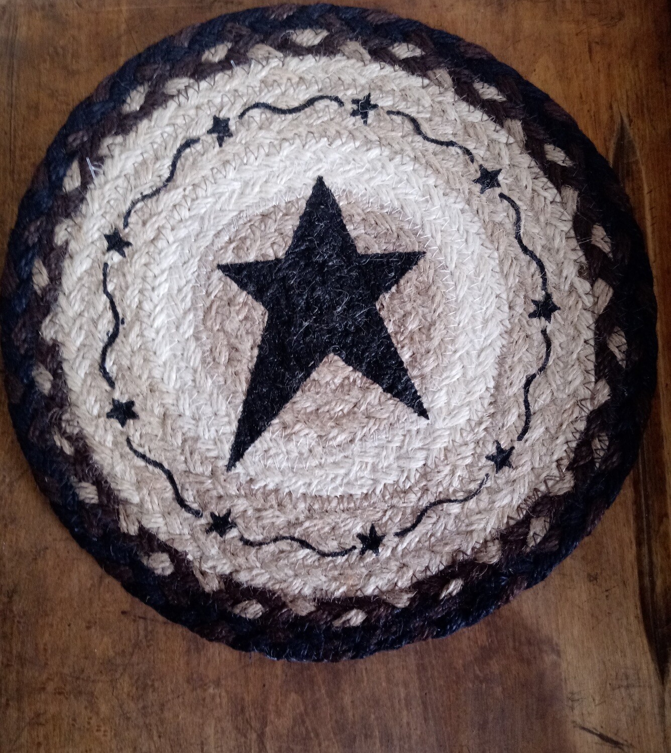Primitive Black Star 10&quot; Round Trivet Earth Rugs, Braided Jute