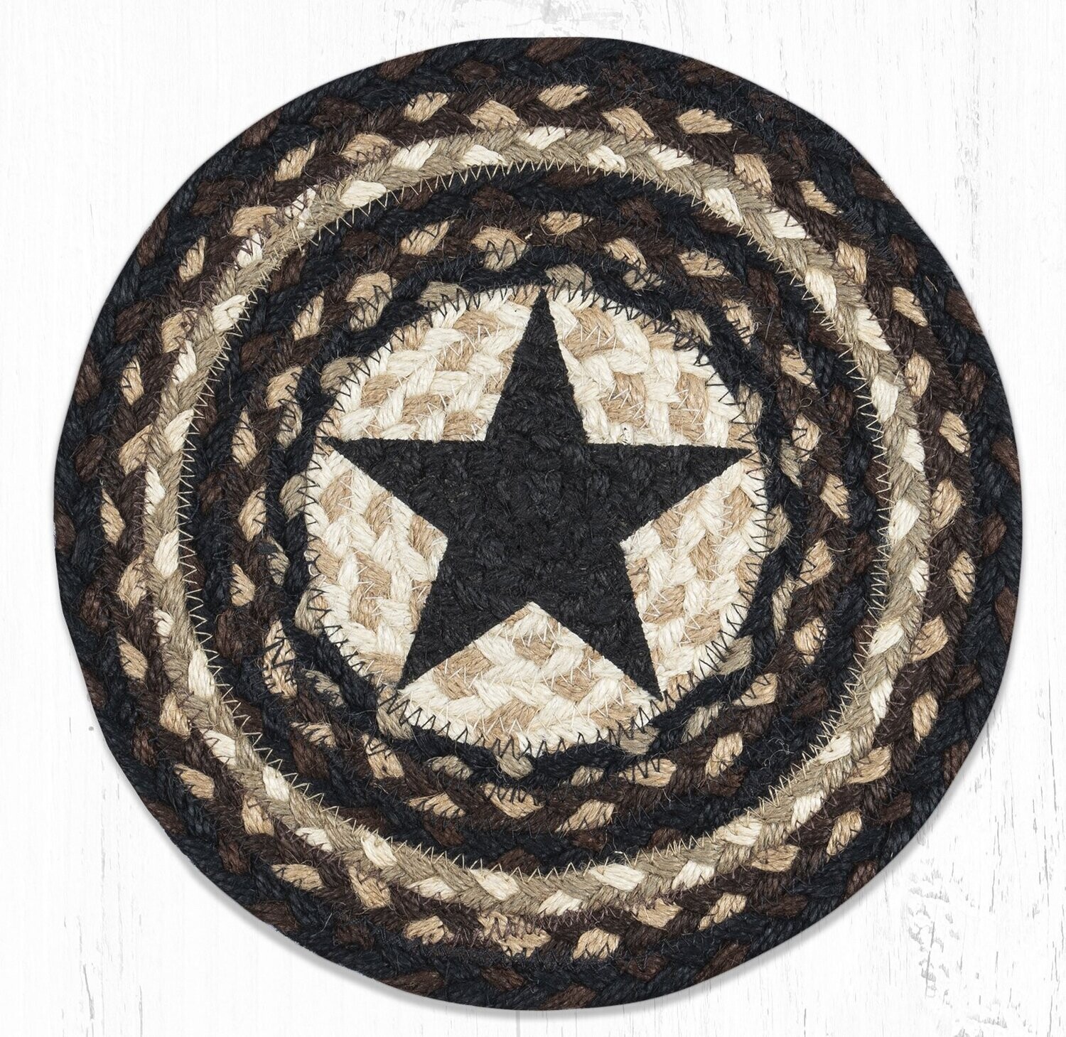 Black Star 10&quot; Round Trivet Earth Rugs, Braided Jute, Brown