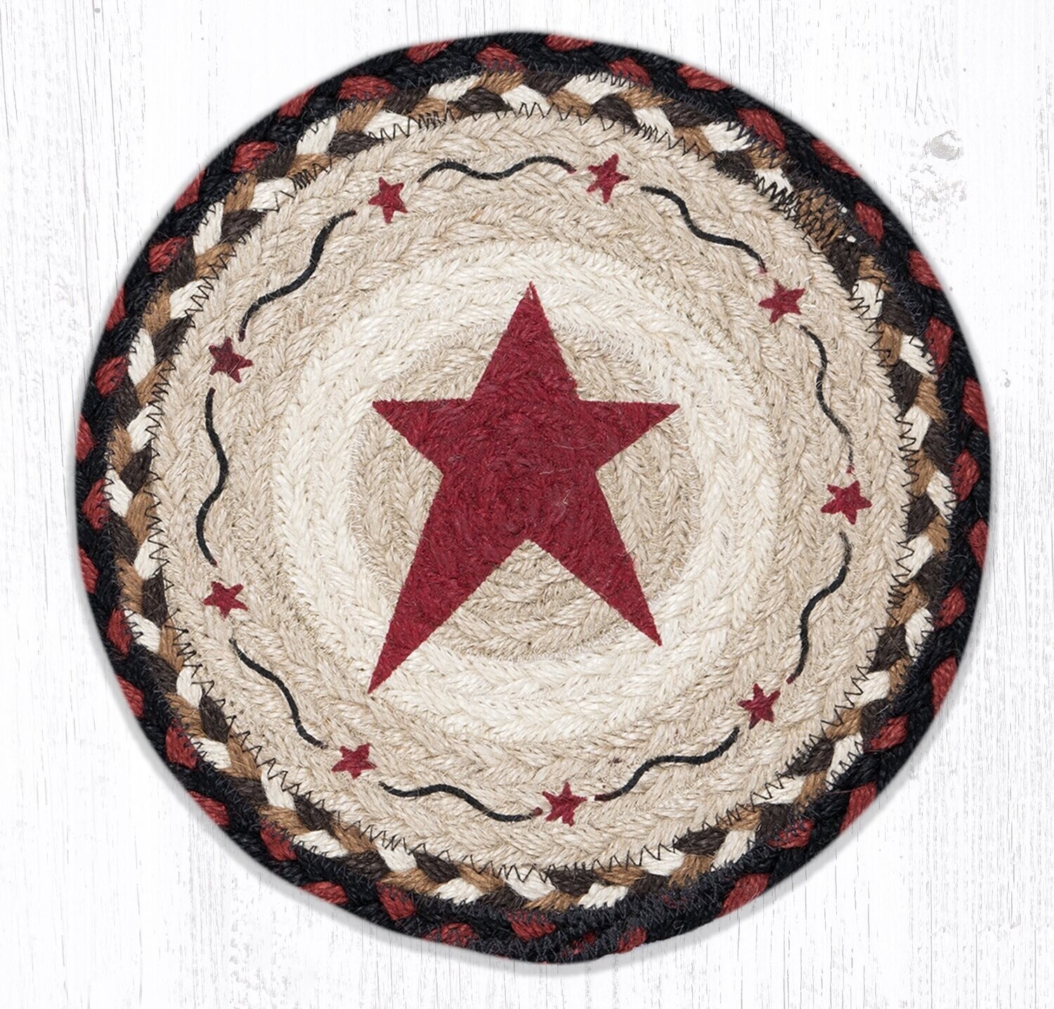 Primitive Burgundy Star 10&quot; Round Trivet Earth Rugs, Braided Jute