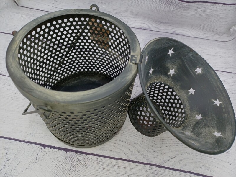 Hanging Aged Tin Star Lantern for Battery Operated Pillar Candles - top flipped to side to show inside
