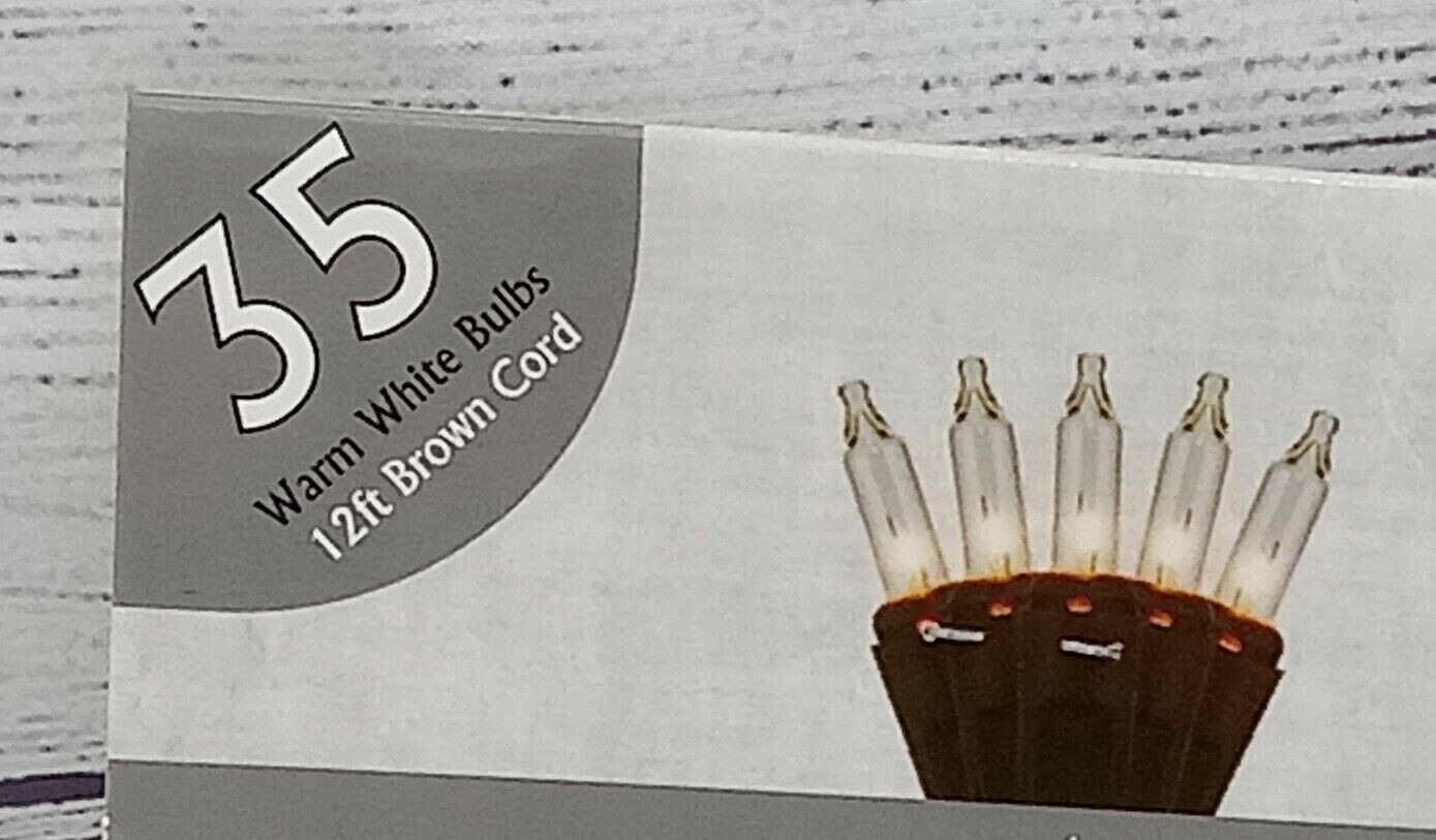 35 ct Brown Cord Wire Light Strand String Set, Warm White Standard Bulbs