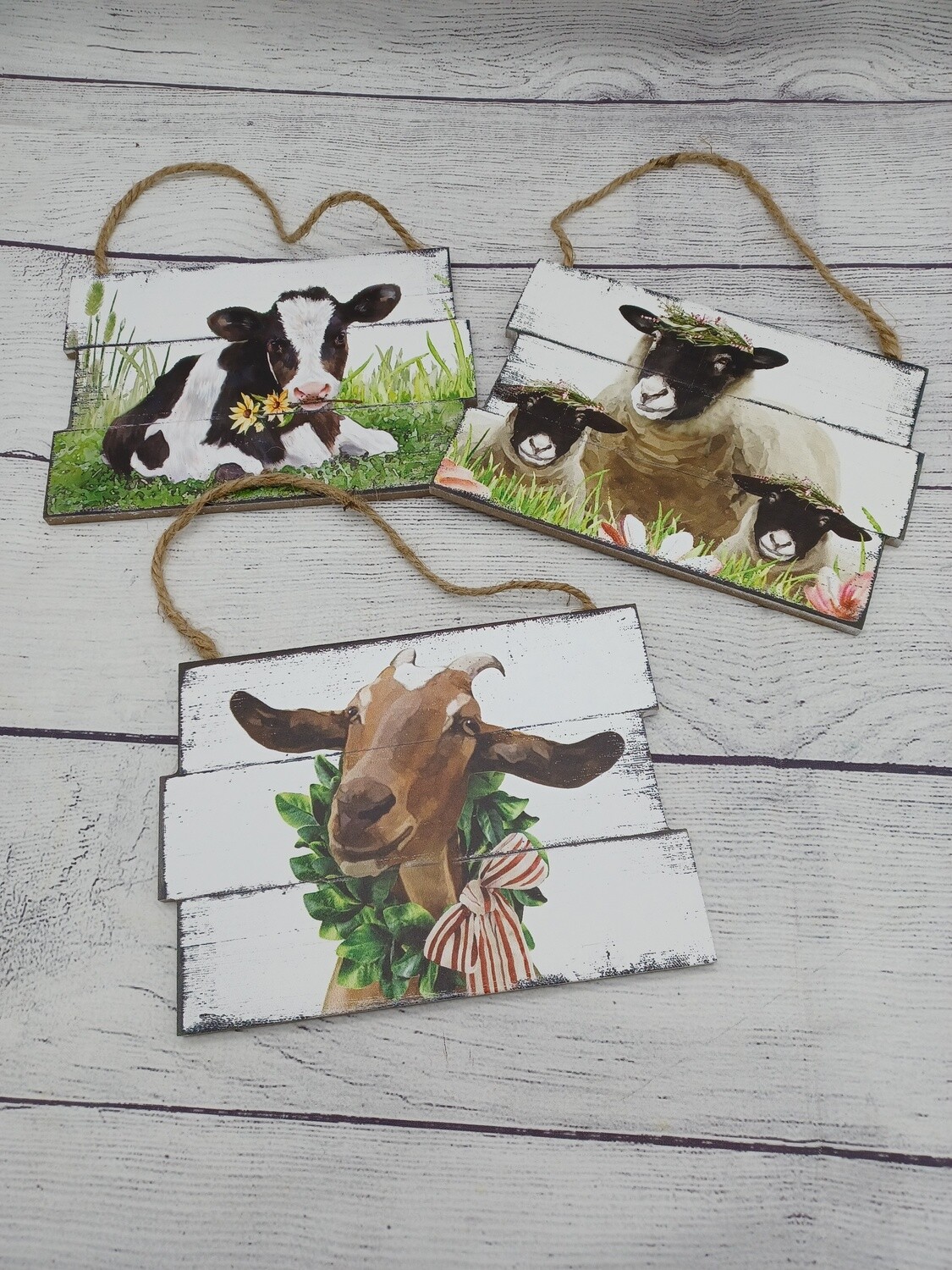 Set of 3 Hanging Farmhouse Animal Plank Signs - Goat, Cow, Sheep
