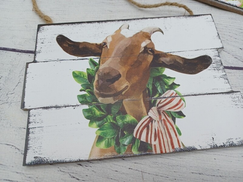 Set of 3 Hanging Farmhouse Animal Plank Signs - Goat, Cow, Sheep