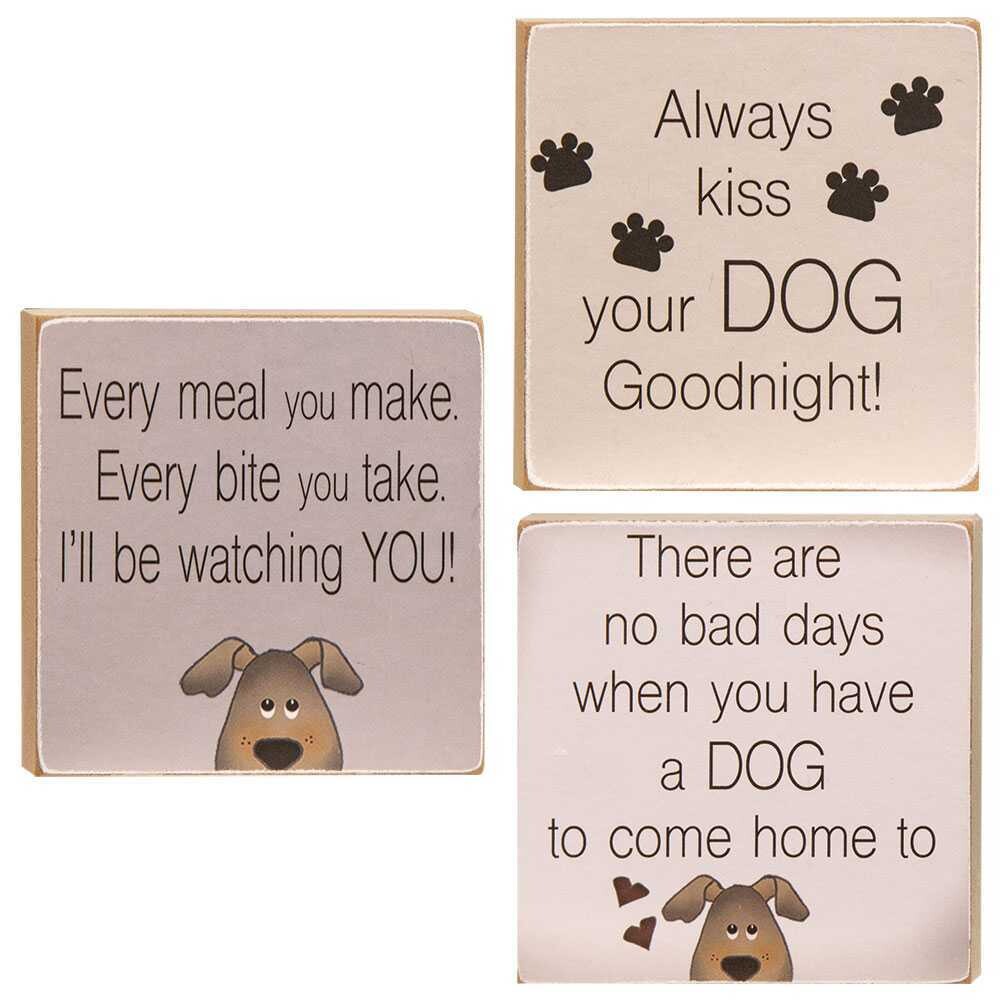 Set of 3 Cute Dog Block Signs - Kiss Goodnight, Every Meal, No Bad Days