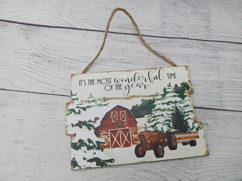 Set of 3 Hanging Christmas Plank Signs - Sleigh, Vintage Car, Tractor