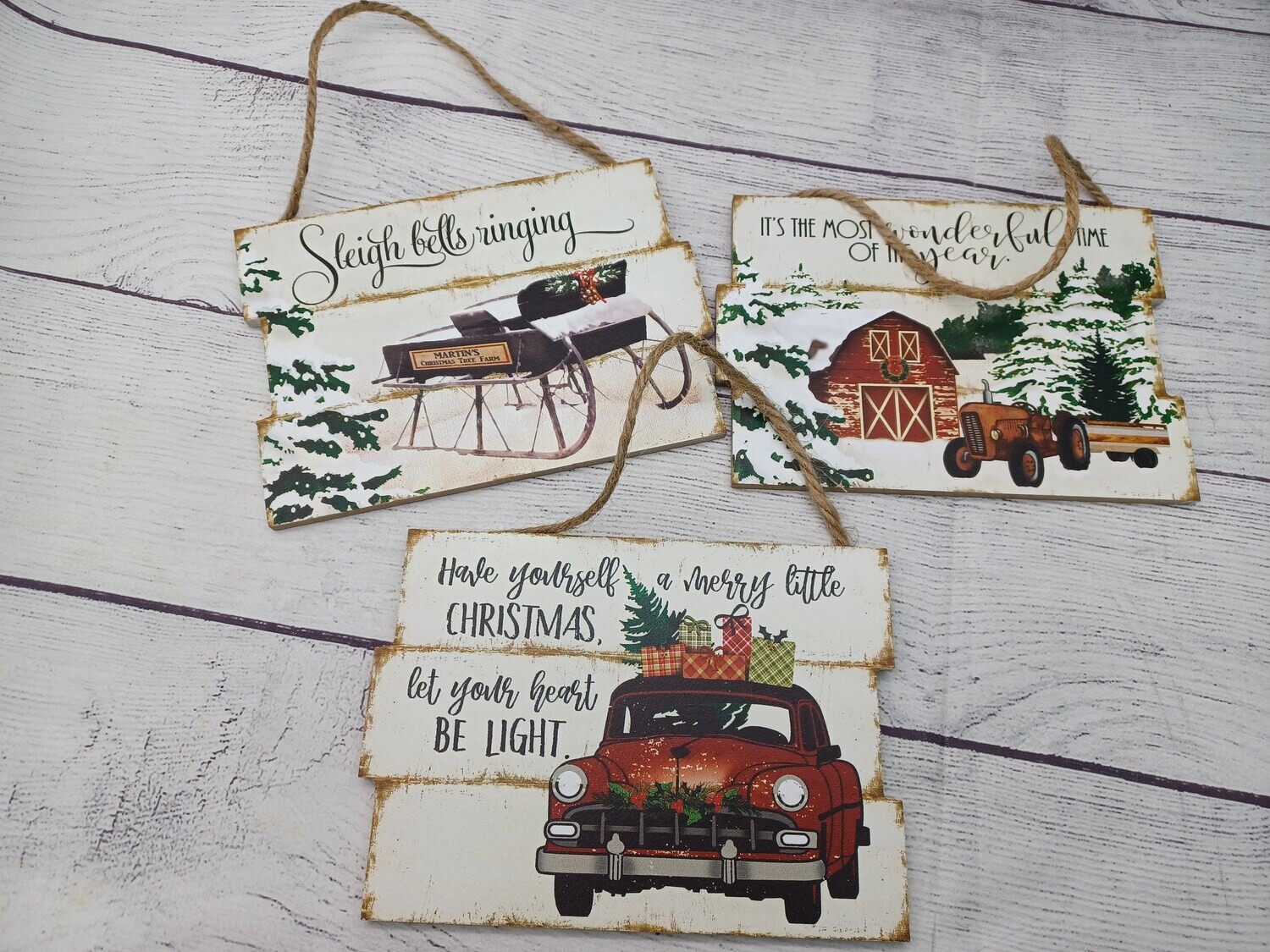 Set of 3 Hanging Christmas Plank Signs - Sleigh, Vintage Car, Tractor
