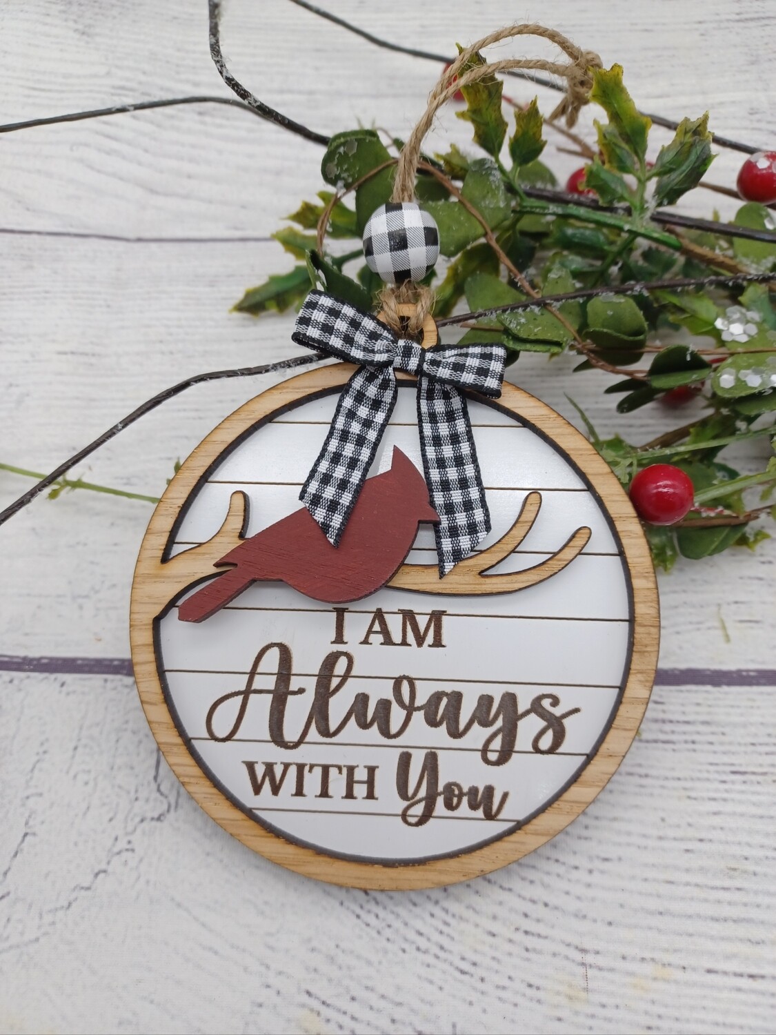 I Am Always With You Cardinal Ornament, Laser Cut, Handmade, Bow Color: Buffalo Check