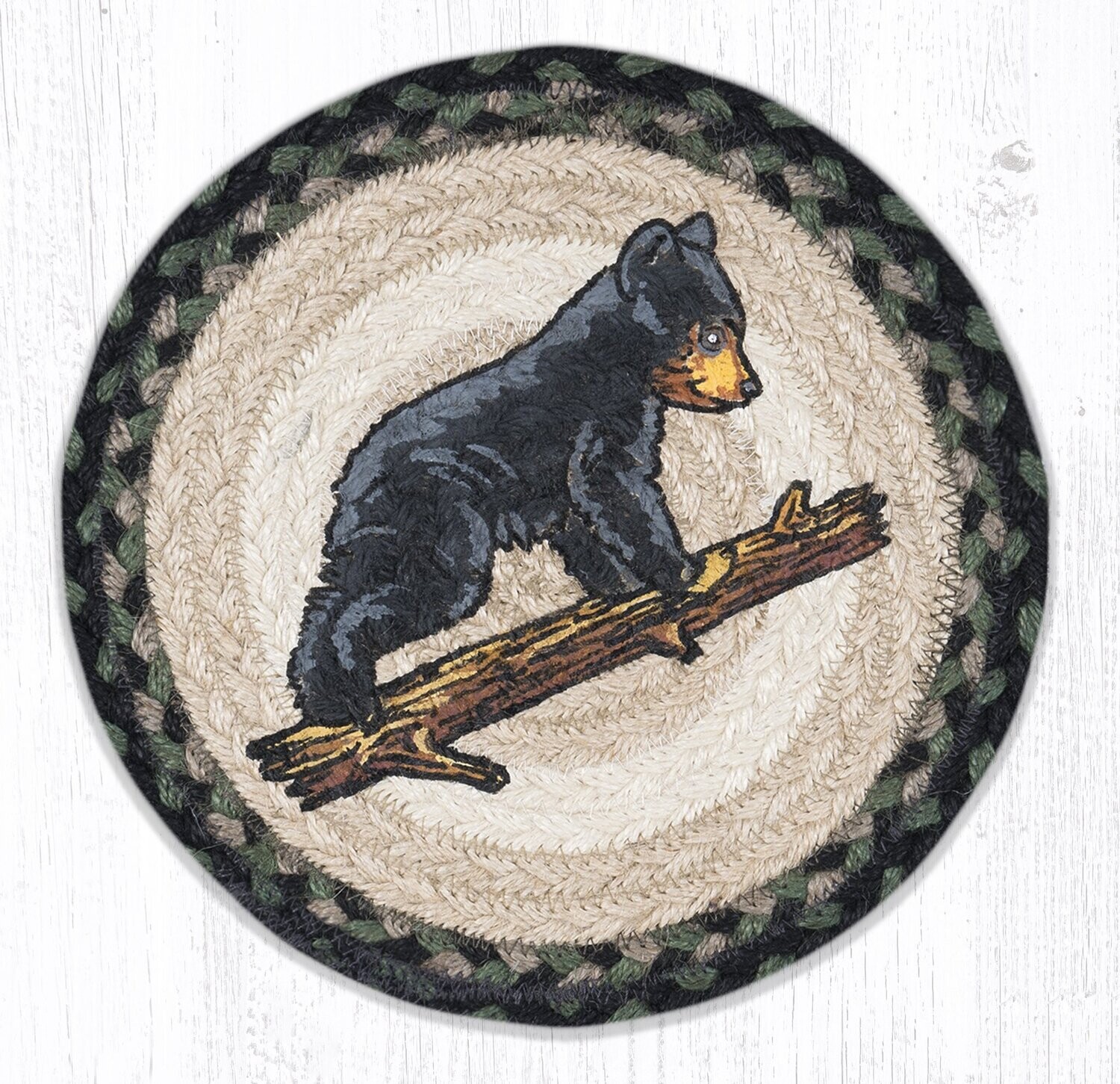 Bear Cub Limb 10&quot; Round Trivet Earth Rugs, Braided Jute, Cabin Rustic