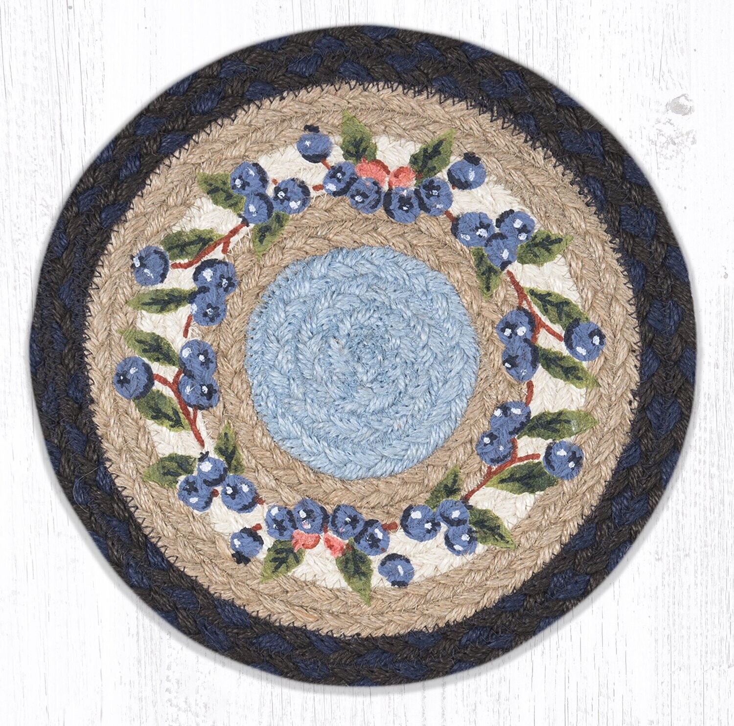 Blueberry Blue Brown 10&quot; Round Trivet Earth Rugs, Braided Jute