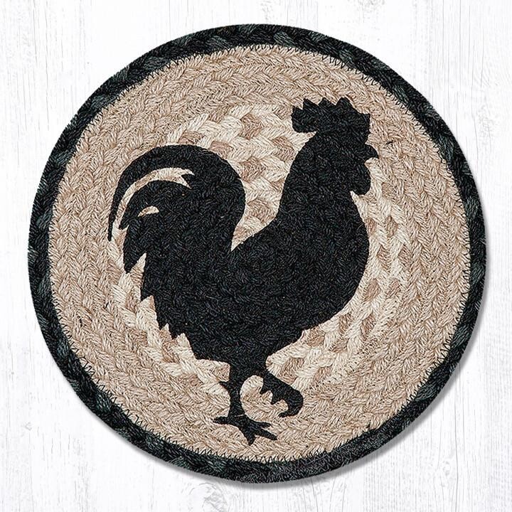 Black Rooster Chicken 10&quot; Round Trivet Earth Rugs, Braided Jute, Farmhouse