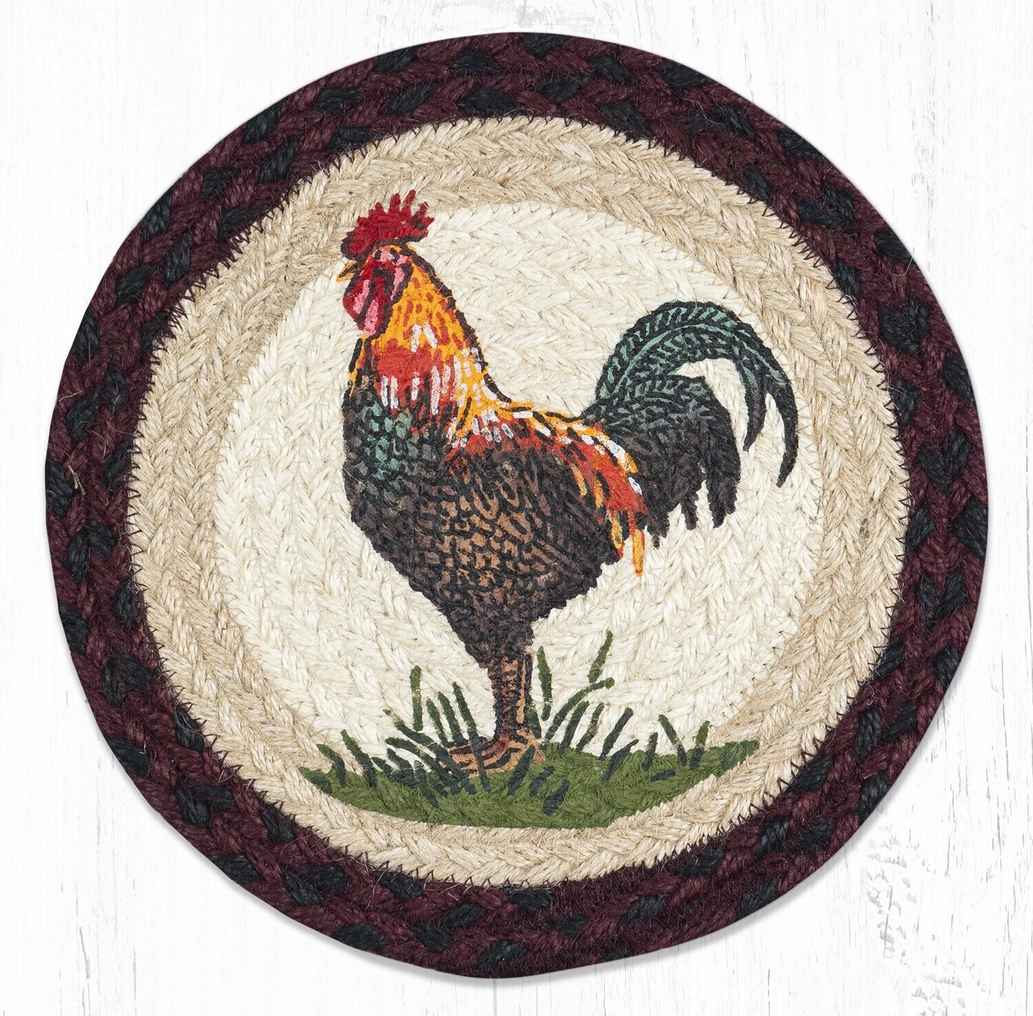 Rustic Rooster Chicken 10&quot; Round Trivet Earth Rugs, Braided Jute
