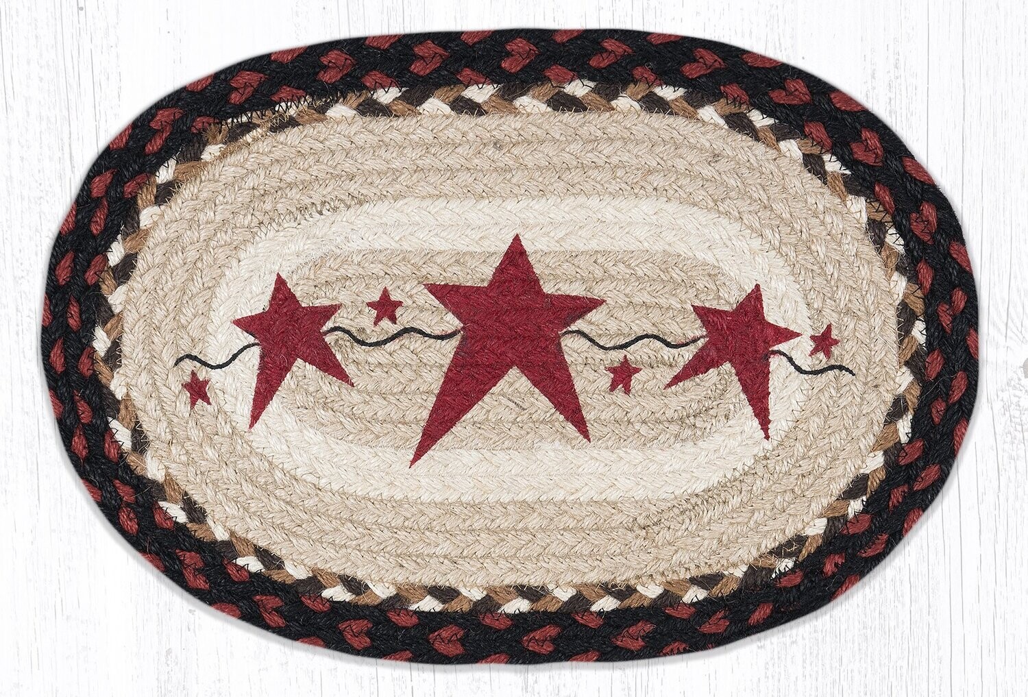 Primitive Burgundy Stars 10&quot;x15&quot; Oval Placemat Earth Rugs Table Mat Farmhouse