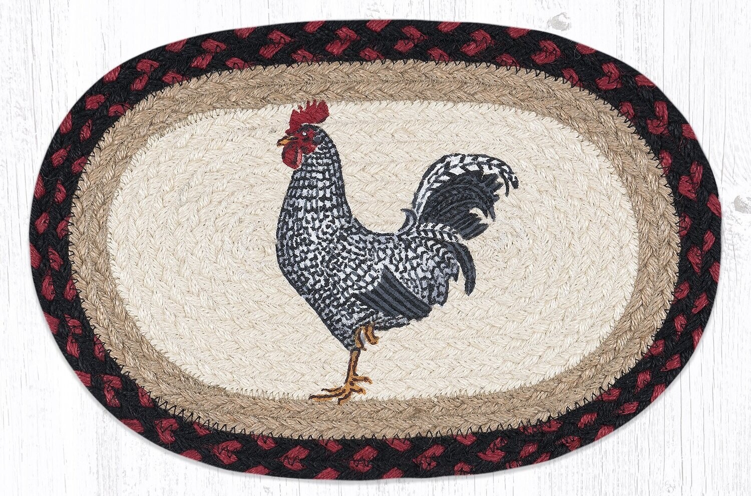 Black White Rooster Chicken 10&quot;x15&quot; Oval Placemat Earth Rugs Braided Table Mat