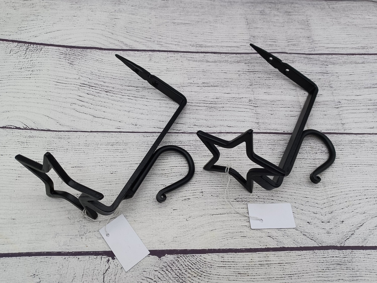 2 Star Shelf Brackets with Curtain Rod Pole Hooks, Wrought Iron, Use 1&quot;x6&quot; Shelf