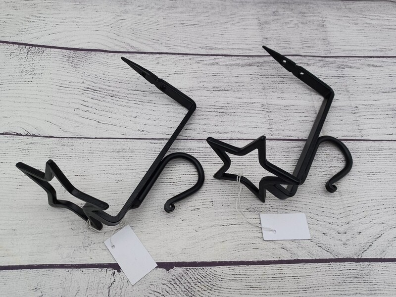2 Star Shelf Brackets with Curtain Rod Pole Hooks, Wrought Iron, Use 1&quot;x6&quot; Shelf