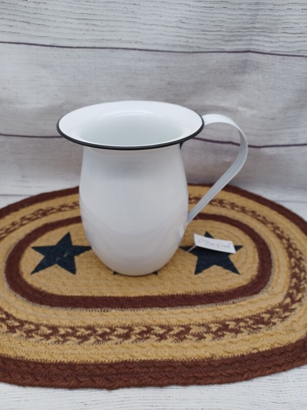White Reproduction Enamelware Pitcher Vase, White and Black, Farmhouse, Primitive, For Flowers