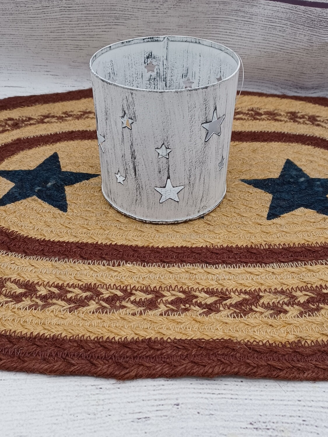 White Washed Votive Candle Holder with Star Cut-outs