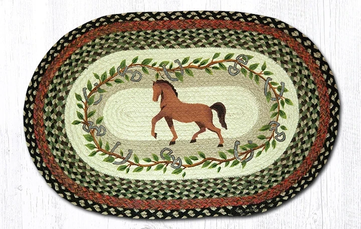 Horse with Oak Leaf Border 20&quot;x30&quot; Braided Jute Rug, Horseshoes and Stirrups in Border