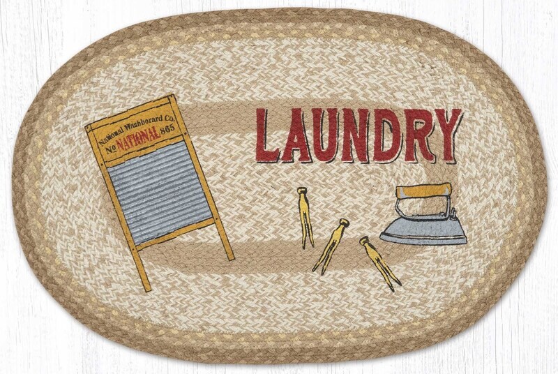 Laundry Rug Braided Jute 20&quot; x 30&quot; Rug, Earth Rugs, Country Primitive Farmhouse, Washboard, Clothespins, Iron