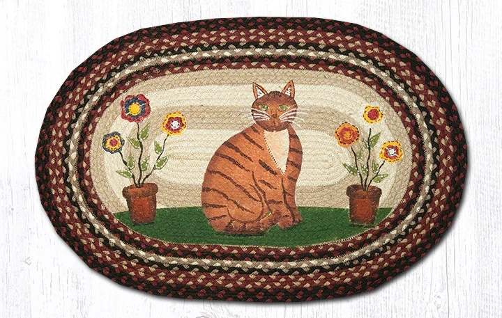 Folk Art Cat Oval Rug 20&quot; x 30&quot;, Earth Rugs, Country Farmhouse Entryway, Braided Jute