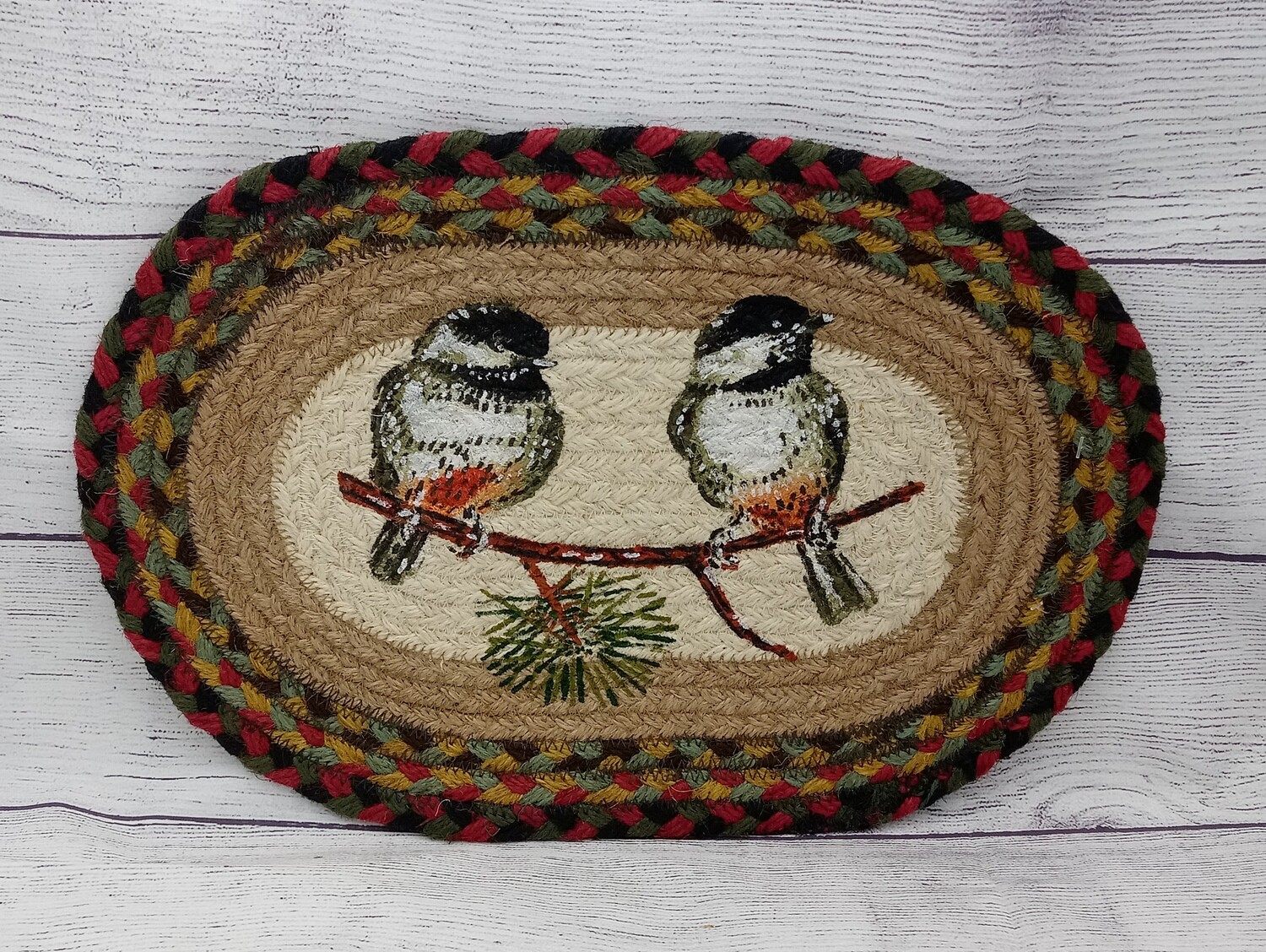 Chickadee Pine Tree 10&quot;x15&quot; Oval Table Mat Earth Rugs Braided Jute Placemat