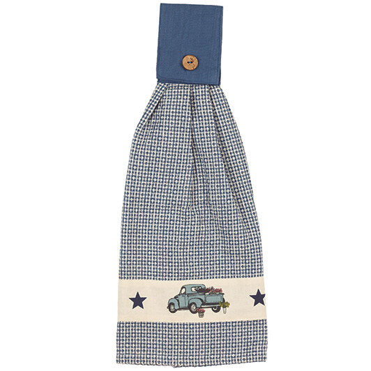 Old Blue Truck n Stars Hanging Tab Towel, Blue, White, Country Farmhouse