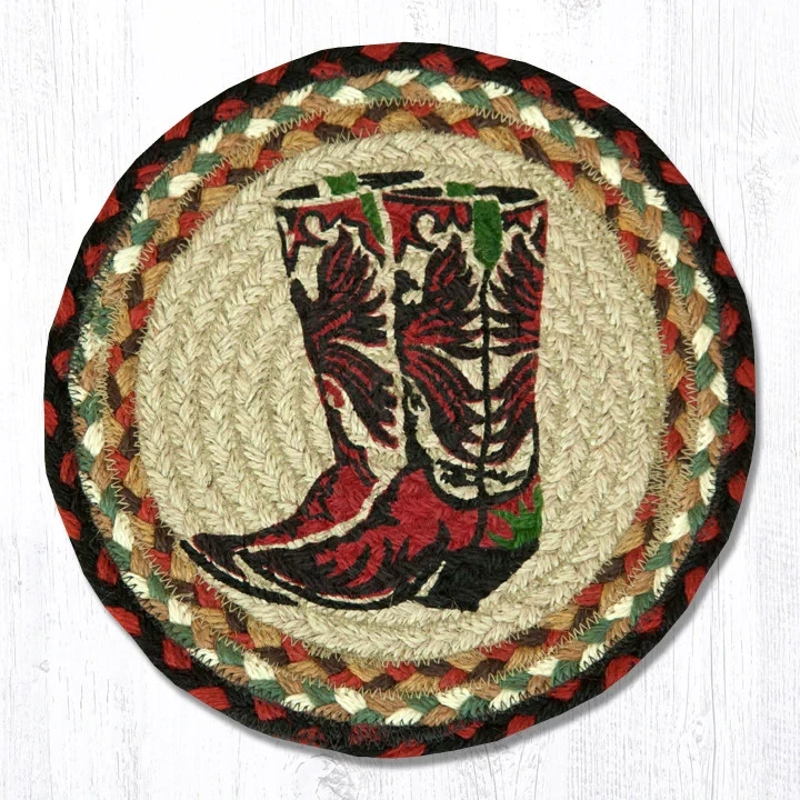 Cowboy Boots 10" Round Trivet Earth Rugs, Braided Jute
