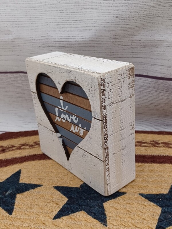 Side view: I Love Us Layered Freestanding Box Sign, Distressed