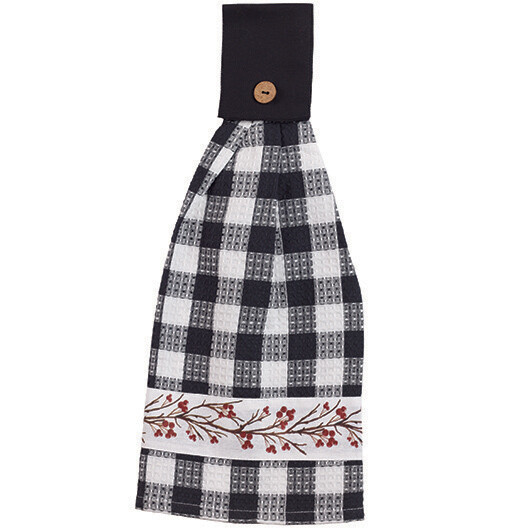 Berry Vine Check Hanging Tab Towel, Black and White