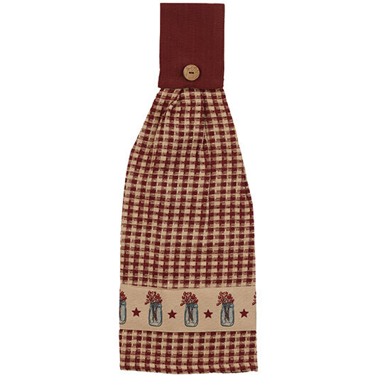 Jar of Berries Gingham Check Hanging Tab Towel, Red and Tan