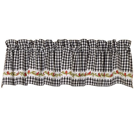 Cardinals N Pine Window Valance, 72&quot; x 14&quot;, Black Check. Farmhouse Country