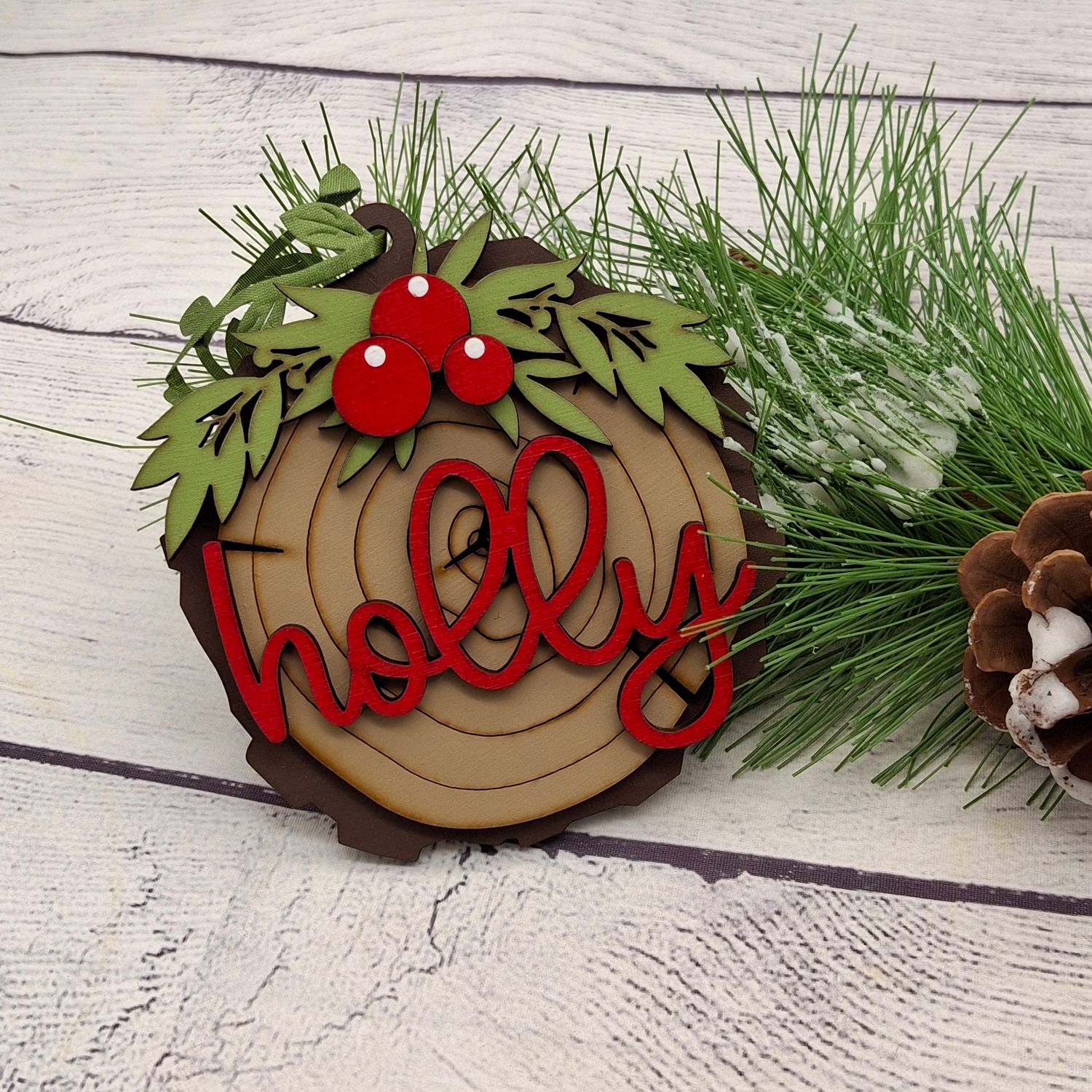 Holly Ornament - Faux Wood Slice - Handmade