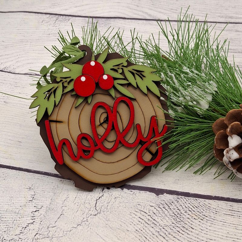 Holly Ornament - Faux Wood Slice - Handmade