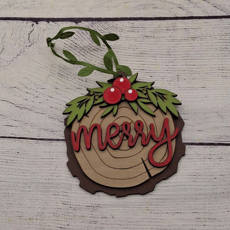 Merry Ornament - Faux Wood Slice - Handmade