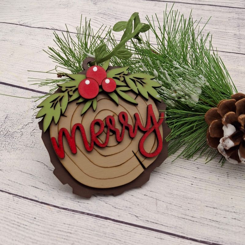 Merry Ornament - Faux Wood Slice 