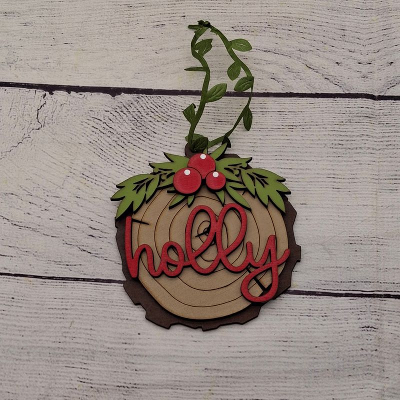 Holly Ornament - Faux Wood Slice