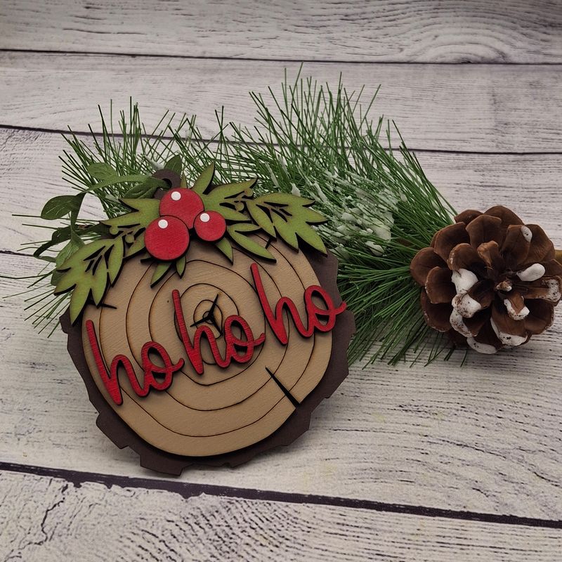 Ho Ho Ho Ornament - Faux Wood Slice - Handmade