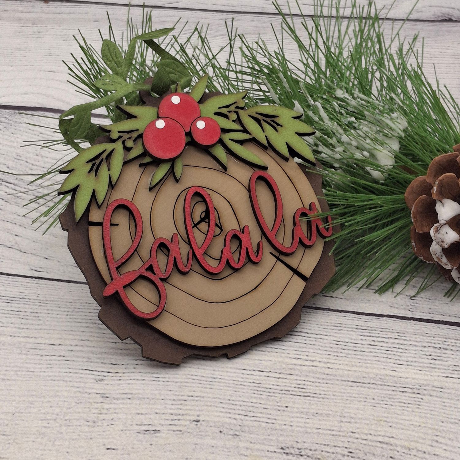 Fa La La Ornament - Faux Wood Slice