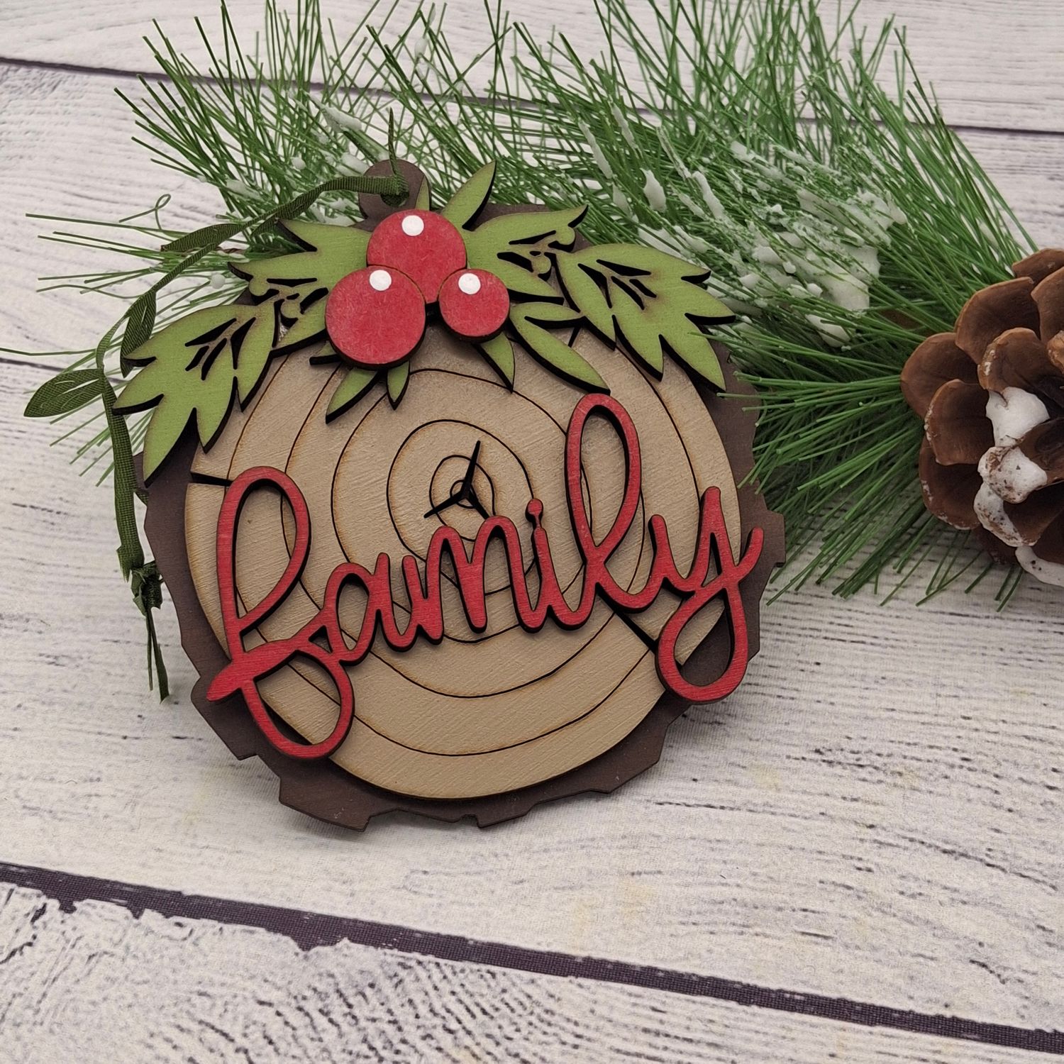 Family Ornament - Faux Wood Slice - Handmade