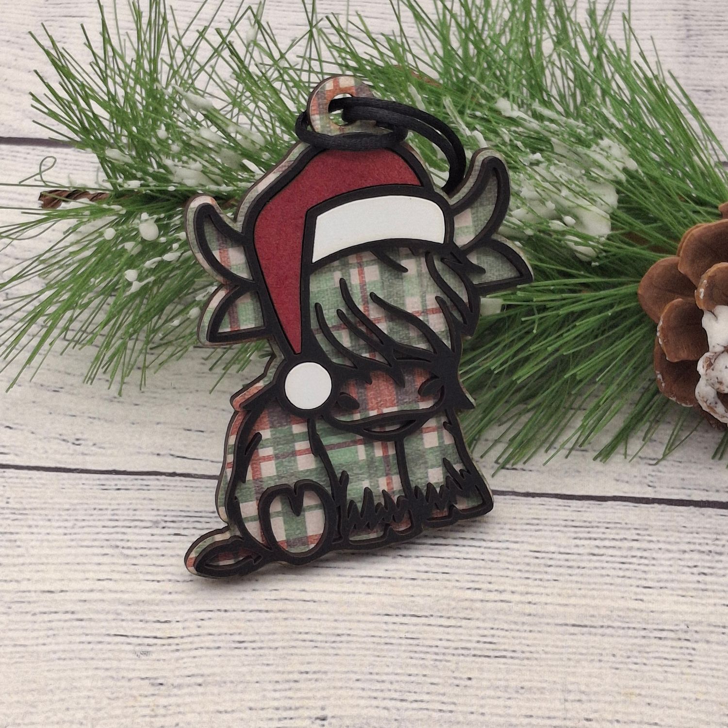 Santa Highland Cow Ornament - Plaid