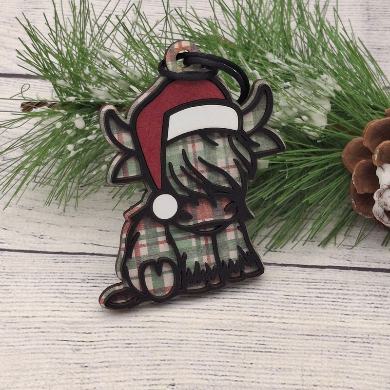 Santa Highland Cow Ornament - Plaid