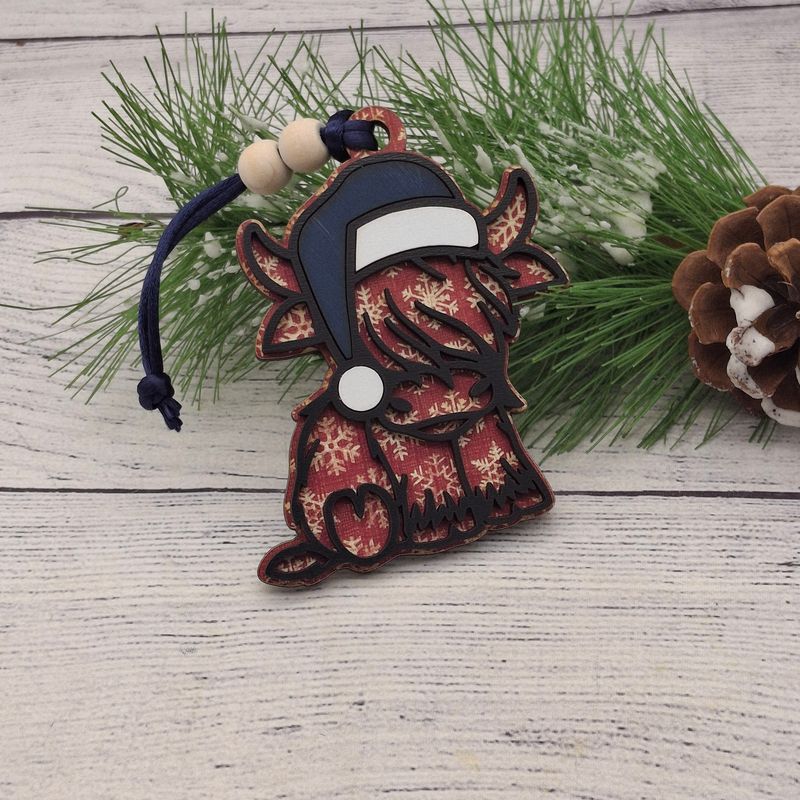 Santa Highland Cow Ornament - Barn Red with Snowflake